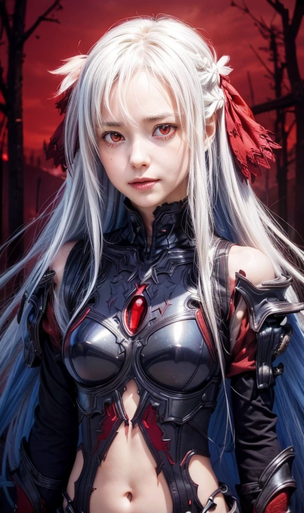 Masterpiece,Game art,The best picture quality,Highest resolution,8K,(Portrait),Unreal Engine 5 rendering works,(Digital Photography),((Portrait Feature:1.5)),
20 year old girl,Short hair details,With long bangs,(The red eye makeup is very meticulous),(With long gray hair:1.4),(Large, full breasts),Elegant and noble,Brave and charming,
(Future armor combined with the characteristics of ancient Chinese armor,Hollow design,Power Armor,The mysterious Eastern runes,A delicate dress pattern,A flash of magic),Warrior of the future,Cyberpunk figures,Background of war,
Movie lights,Ray tracing,Game CG,((3D Unreal Engine)),OC rendering reflection pattern