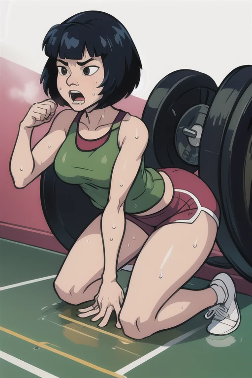 masterpiece, best quality, 1girl, gi, black hair, short hair, black eyes, gym background, gym concept, sport skirt, she is sporting, GYM, sweating profusely, exhausted, breathing, open mouth, steam coming out of her mouth, tight gym shorts, tight gym tank top, bending over, hands on knees, dripping sweat, dripplits of sweat on the floor, puddle of sweat