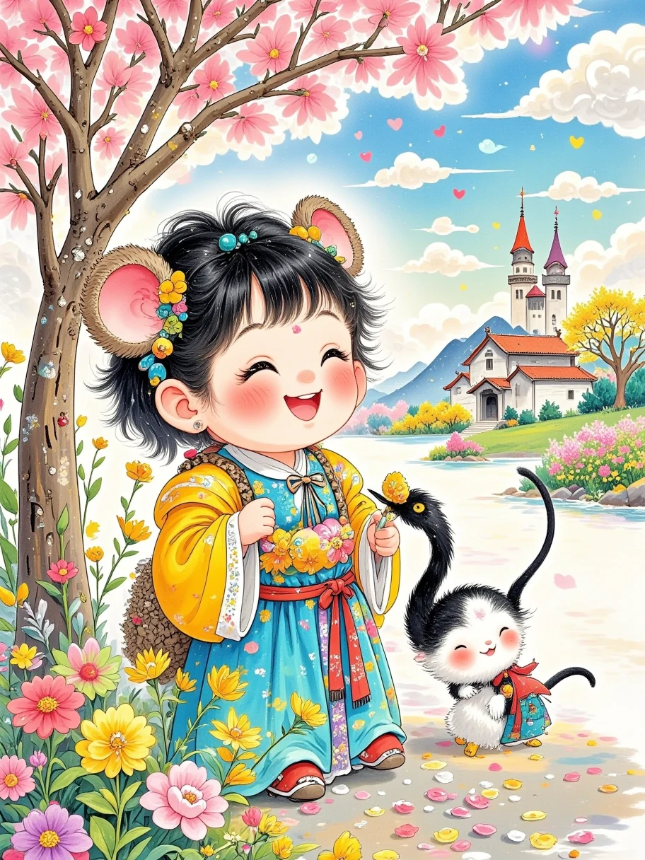 Q version cute Little Mouse ，side/Back view，Round face contour， Little Mouse features visible from an angle，穿着Bright colors的蓬松迷你汉服，Fluffy design， with Little Mouse accessories ， ， Background elements full of dreamy fairytale-like scenes and depth，8K Ultra HD， Photorealistic ，Fine texture， rendered using Unreal Engine 5 and Octane ， showing lovely beauty ， soft light，Dreamy atmosphere，Round eyes， fluffy details ， lively posture ，Playful expression，Pastel tones，Flash Effect，Heart-shaped detailing， Rosy cheeks ，Artistic rendering，Bright colors， rich in detail ， natural look ，Stunning quality ， commercial photography standards 
