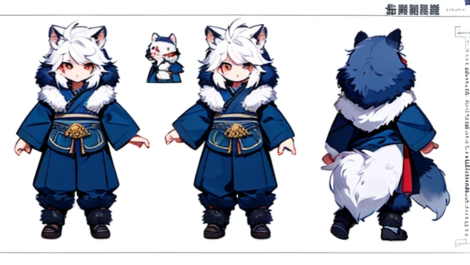     no background、   Model sheet of the cute Chinese wolf Beast Man Boy character depicts the same character from 3 angles  、 