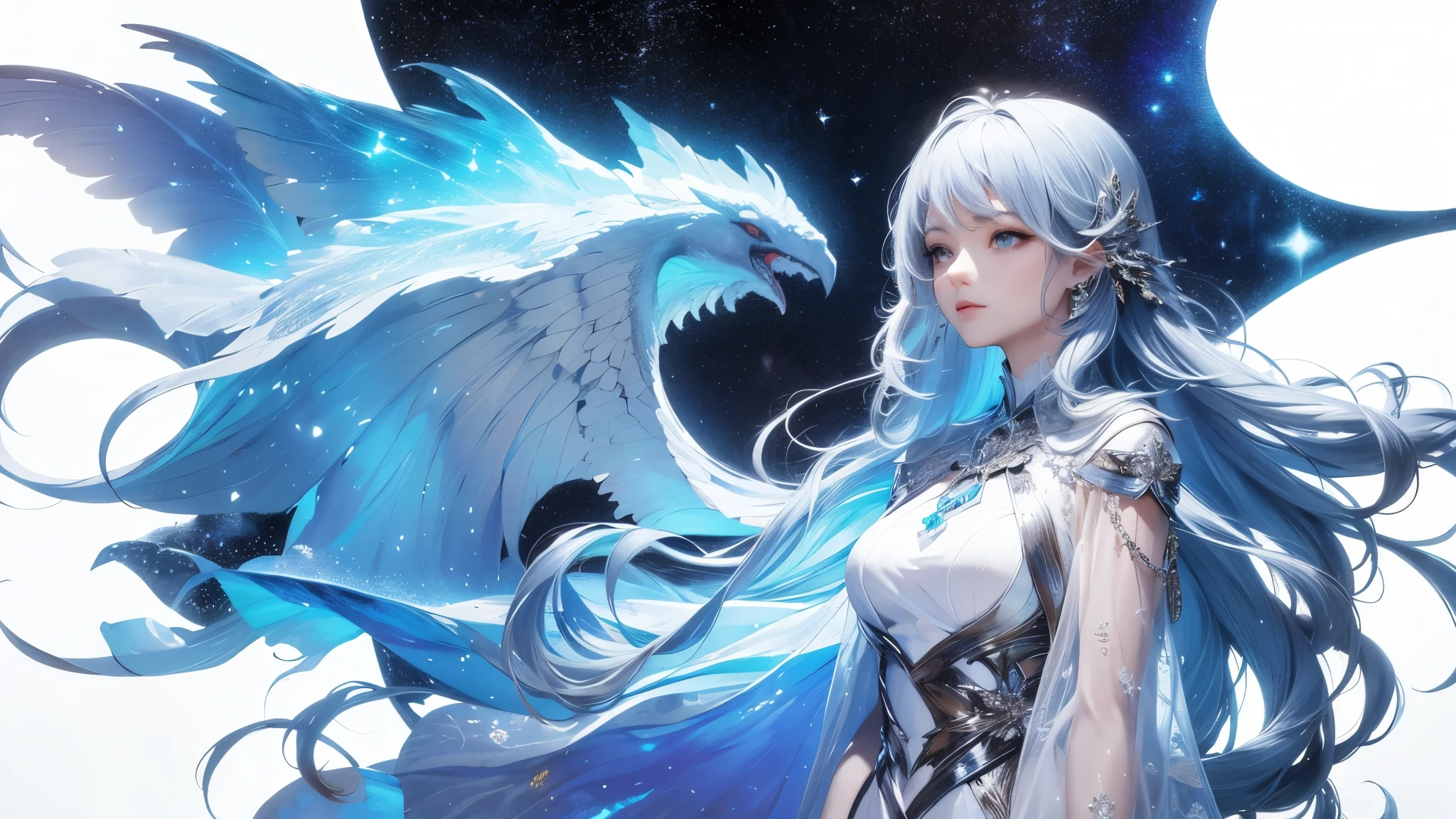 Anime girl with white hair and blue wings in front of a blue moon ...