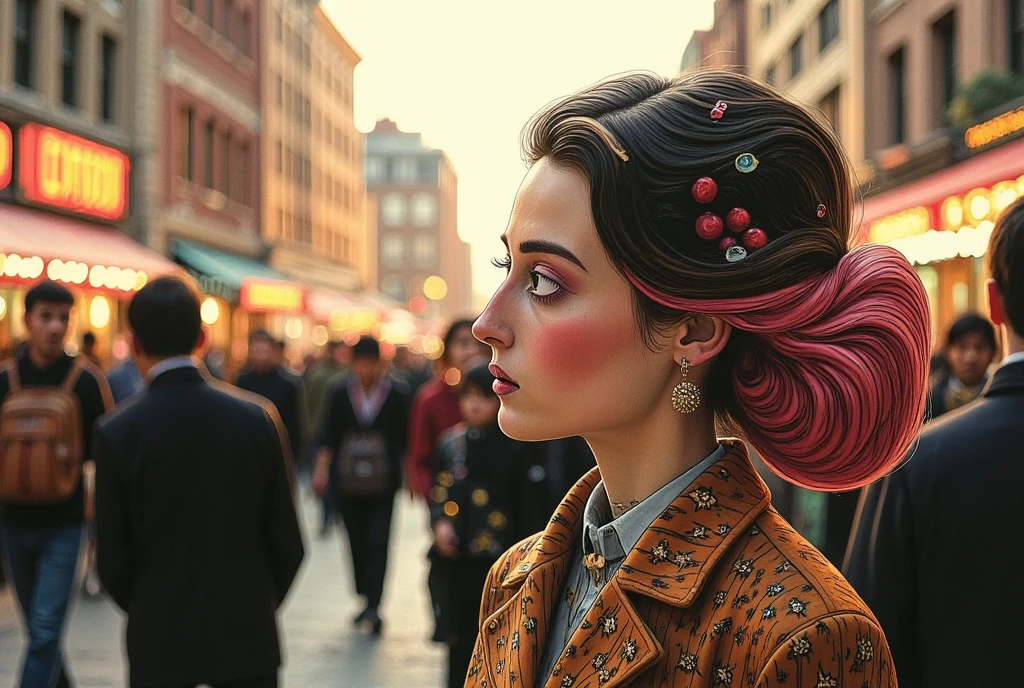 A woman with a soft smile but melancholic aura, standing amidst a blurred crowd in a city street, showing how time and places separate relationships.