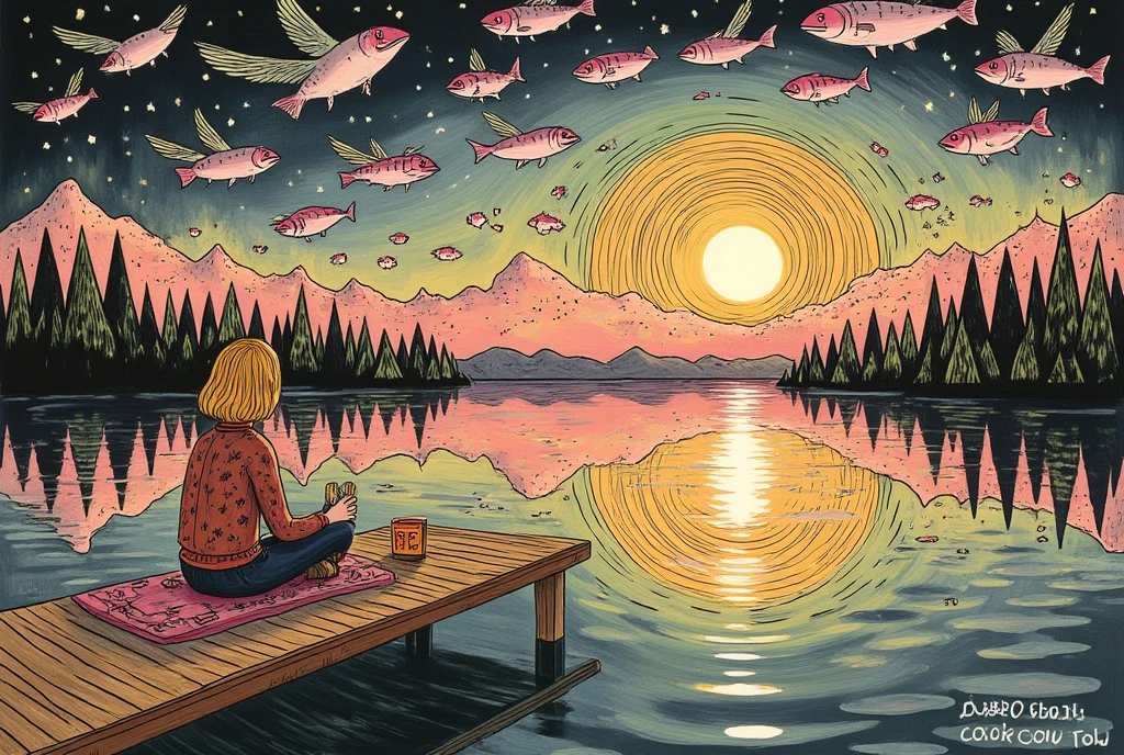 A serene lakeside scene at twilight with a solitary woman sitting on a wooden pier, her reflection in the water mirroring her unchanging heart.