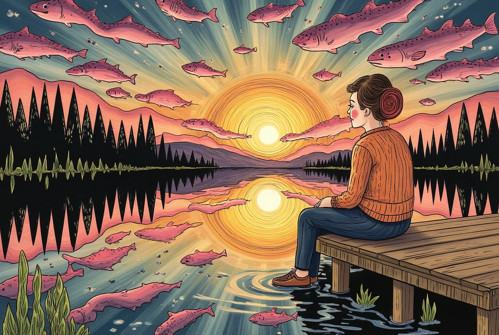 A serene lakeside scene at twilight with a solitary woman sitting on a wooden pier, her reflection in the water mirroring her unchanging heart.