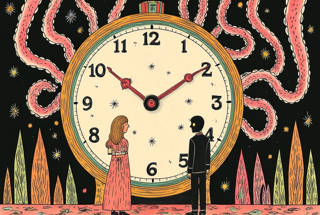 A clock with broken gears, overlaid with silhouettes of two people standing apart, symbolizing the relentless passage of time that keeps them apart