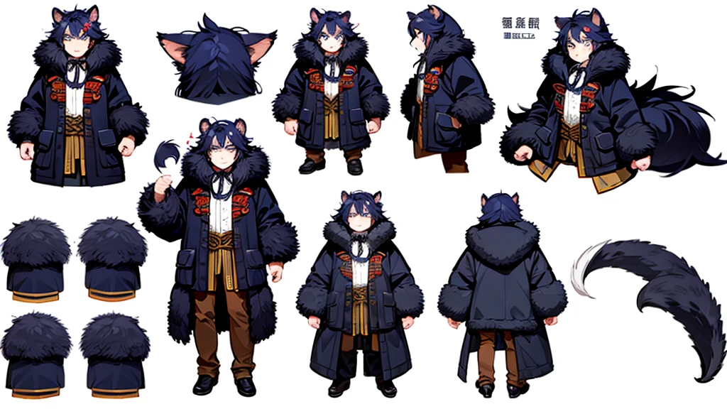      no background、   The model sheet for the cute Chinese werewolf beast human boy 、 depicts the same character from 3 angles  、 