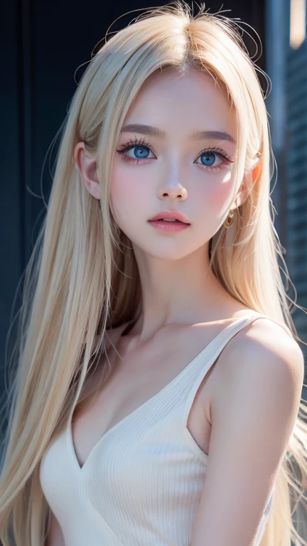 A beautiful girl in the world with a very beautiful baby face、 super long silky shiny bright natural platinum blonde hair、Long bangs in the center of the face、 cute sexy  、Very beautiful blonde hair with incredibly bright sky blue eyes、 Blonde above one eye 、 bangs between eyes、Very big eyes、Ample Bust、Very white skin、 glowing skin、Gloss Face、Cheek gloss、 eyeliner 、Small Face Beauty、A very beautiful white girl