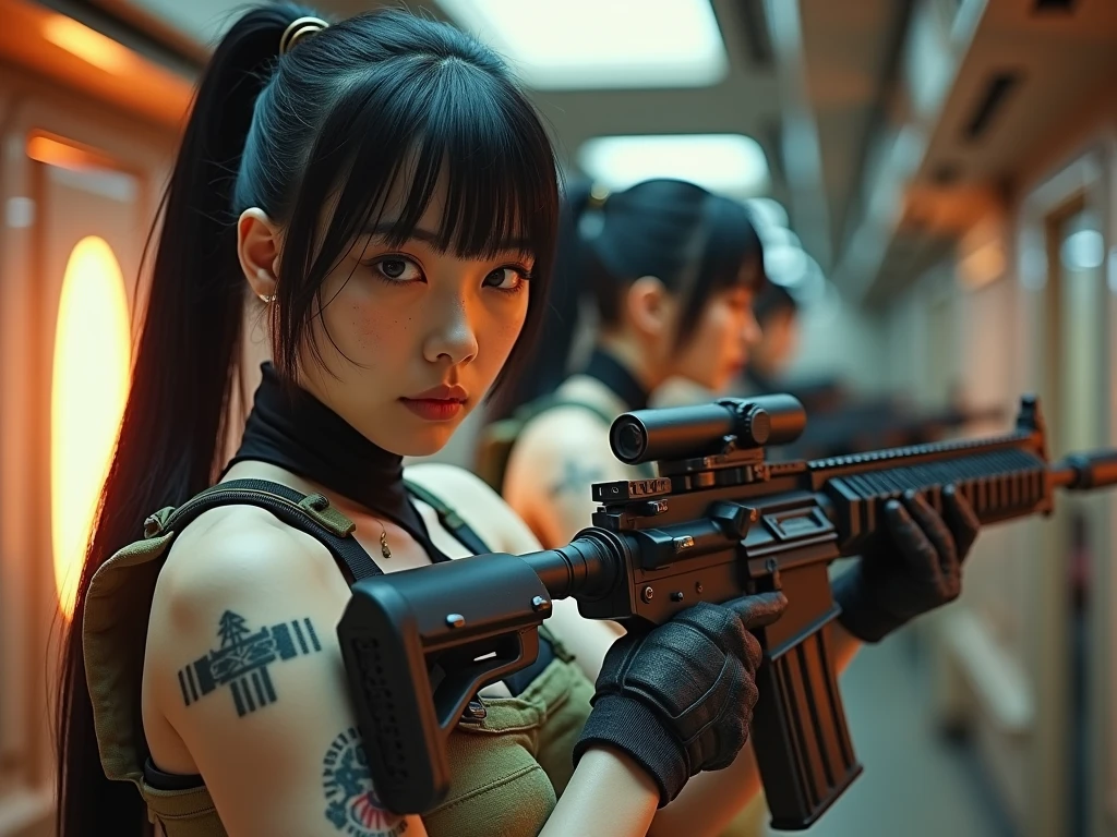 engine unreal:1.4,Ultra-realistic CG K, photorrealistic:1.4, texture skin:1.4, Masterpiece artwork:1.4,posing behind a beautiful woman holding a gun, , assault rifle, rifle kalashnikov, trigger_discipline, pronto com lingerie babydoll、sexy dress,Cyberpunk style yellow short clothes, red pantimedia , blue mini skirt, panty tip showing