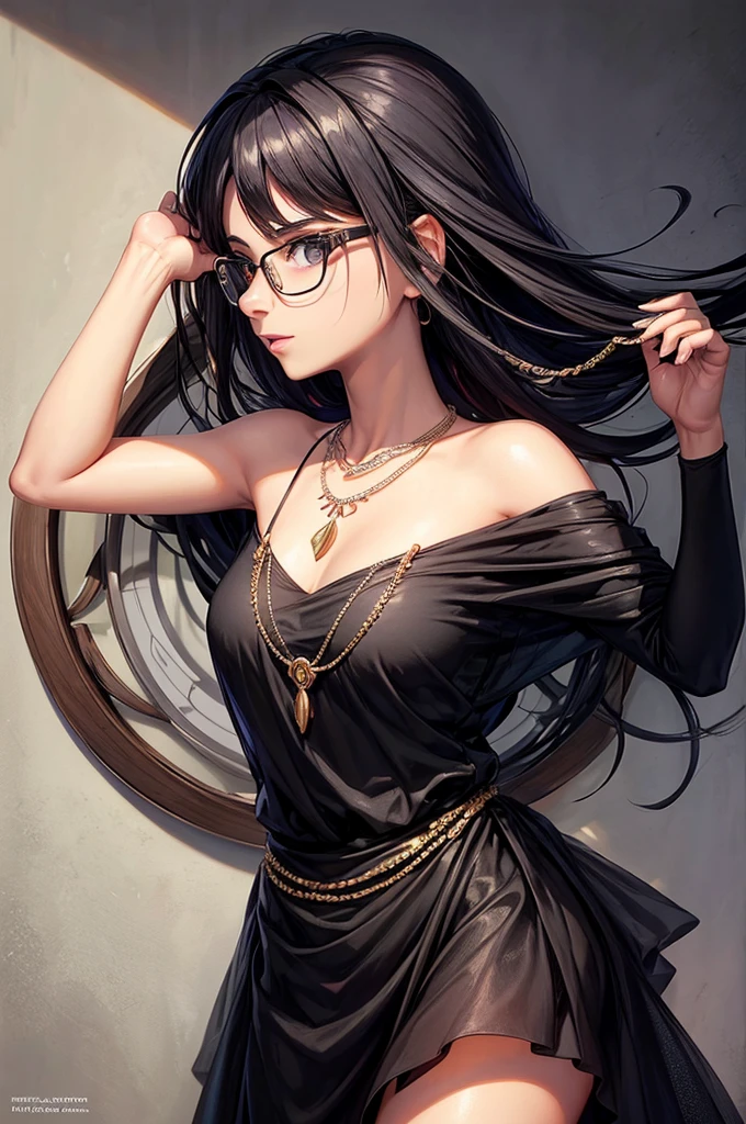 1girl, minimalism, Nico Robin, dark hair, sunglasses, Eiichirō Oda, simple, vector, huge breast, city from background,))