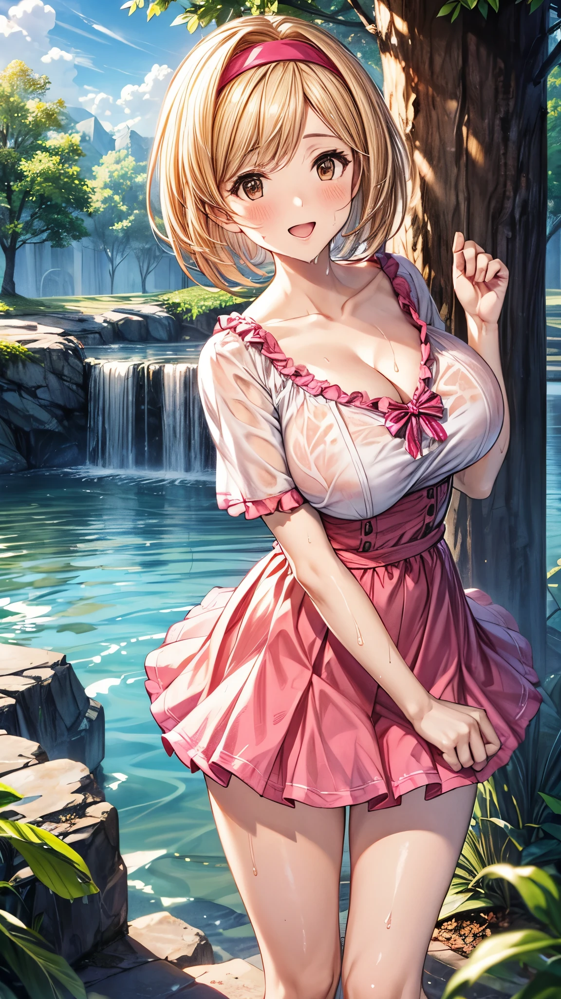 anime styled, High definition illustration, Perfect drawing, Draw anatomically correctly,alice in the wonderland,Beautiful blonde girl,Bright sunshine,Trying to enter an open-air hot spring naked,A short light blue dress with a simple design with frills, a white apron, panties, underwear, a light blue headband with white trim, and long white knee-high socks were scattered on the nearby shore., ((fullnude:1.5)), He looks a little embarrassed, but he looks at me with an amused expression, as if he&#39;s expecting something., Breasts around B cup size, The female genitals, breasts, and nipples are also exposed.,A faint golden pubic hair grows around the female genitals of the crotch.