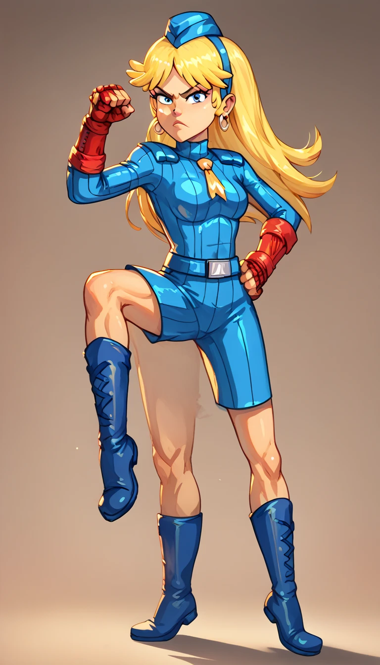  loud, blonde hair, long hair, p1ngr3y
earrings, blue DOLLSUIT, full body, boots, hands on hips, looking at viewer, standing, bare legsteep fighting stance,martial arts,