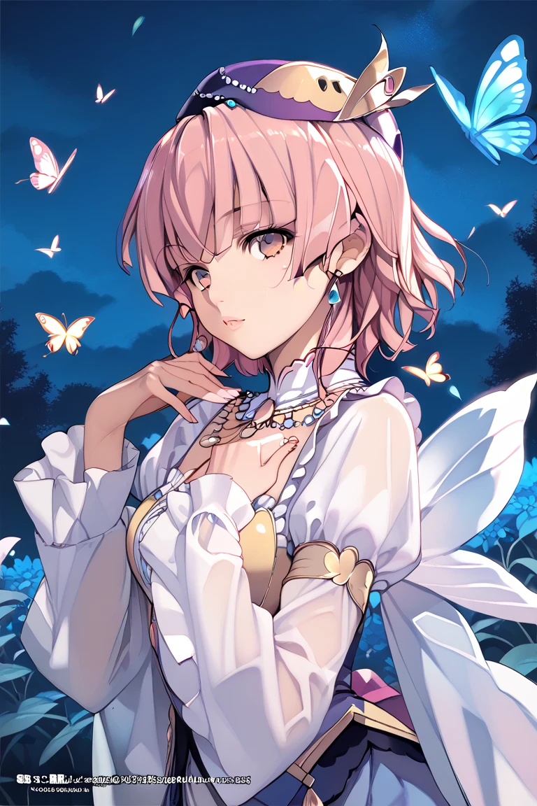 masterpiece, , High Definition , best quality,8k,Girl ，1girl in, Solo, (Saigyouji Yuyuko, butterfly, bug, hat, Pink hair, Triangular headpiece, Night, Pink eyes, Short hair, komono, Wide sleeves, )