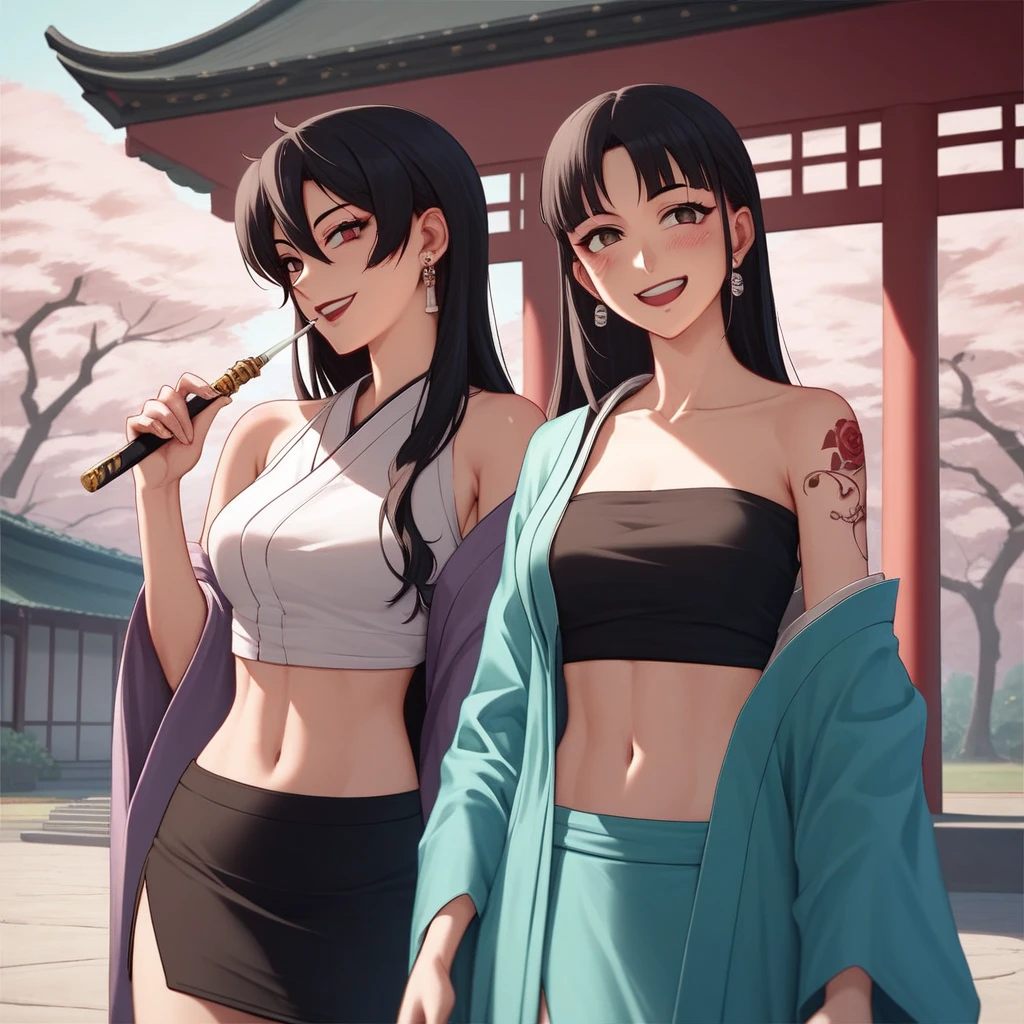 2girls, two girls, long hair, , anime girl, ear piercing, long hair, blush, lipstick,Hot girl, baddie, smoking, sensual, attractive ,jewelry, earrings,  ecchi anime style, anime girls ,
ecchi style, digital anime art!!,  anime style 4k, masterpiece, best quality, highly detailed, a anime girl in kimono dress ,holding sword, bare
shoulder,open kimono, evil smile, open mouth, crop top , (nsfw) not safe for work, smile, ecchi anime
style, anime girls, ecchi style, ecchi, digital anime art!!, in anime style, official artwork, visual novel cg,
beautiful anime girl, anime style 4 k, kimono pencil skirt, exposed belly, exposed navel,
exposed midriff, exposed lower belly, outdoor, japanese architecture, temple,, tattoo, tattoo midriff, rose tattoo, , shiny skin, =