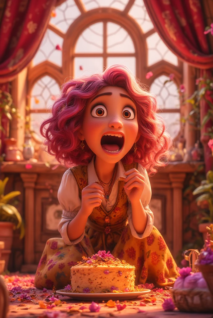 High-quality. A girl. Her hair is pink. She is eating a cake with her mouth wide open. She is sitting on the floor. There is a cake in front of her. She is inside a house. The house is made of sweets. A fantasy atmosphere.