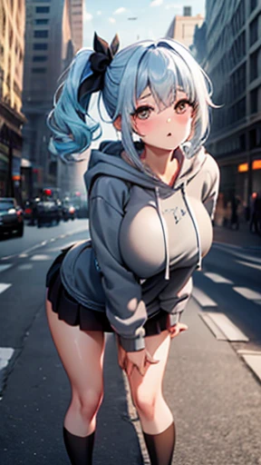 (side ponytail: 1.75), (young beautiful lady, solo, 1 lady, cute, standing, (big breasts: 1.5), two breasts, light blue hair, (very big black ribbon, grey oversized hoodie, black mini skirt), yellow eyes, mascara, ahoge, pastel colored hair, long hair, wavy hair, curly hair, perfect face, perfect legs, perfect body, beautiful long legs, thin waist, look up, troubled face, blush), (in the city, evening), masterpiece, extremely definition, extremely detailed, extremely quality, clean line drawing