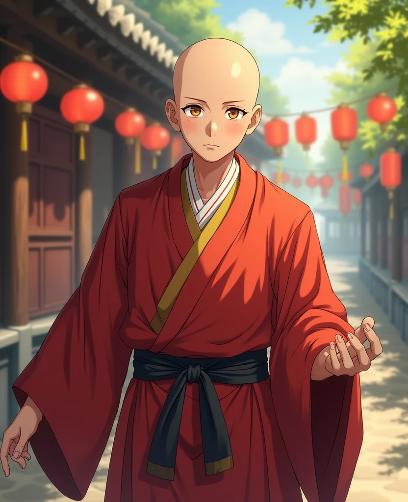 Anime images, Bald young man , โปรดสร้างAnime imagesของพระสงฆ์เสาหลินหัวโล้นรูปร่างสูงใหญ่หน้าตาหล่อมากวัยรุ่นอายุ 20 ปีที่มีร่างกายแข็งแกร่งและมีกล้ามยืนอยู่ , . Wear a kind of monk jiu. Ancient red and gold tones . The priest should be in the posture of fighting, , , however, , . x} The environment around the monastery may have been an ancient temple with hanging paper lanterns and greenery.. . The soft lighting of the light will add tranquility to the scene . , the picture should convey a sense of balance. , , serenity and convergence of opposites , ฉันต้องการAnime images