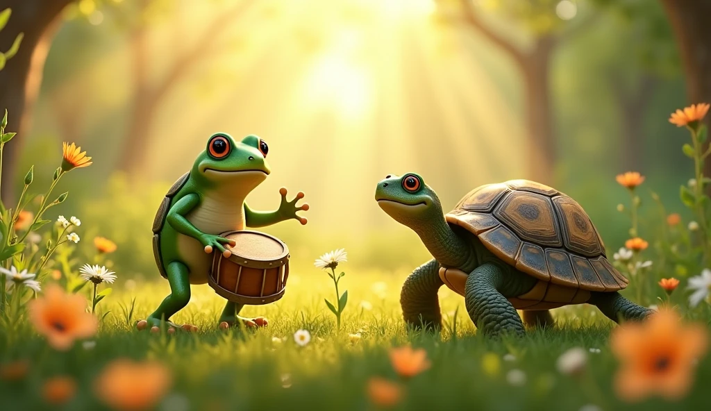 Trumpet playing frog、Riding a turtle、Waterfall in the background、A faint rainbow appears