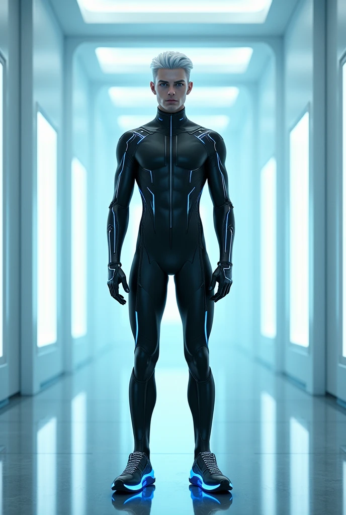 Wide Shot: Full-body wide shot of Shawt in a futuristic setting, highlighting his cybernetic design and the environment around him.

Running Pose: Shawt captured mid-run, showing the dynamic motion and the mechanical parts in action.

Close-Up of Circuitry: Detailed close-up of the circuitry on Shawt's chest, highlighting the intricate design and glowing elements.

Heroic Pose: Shawt standing tall with a heroic posture, showcasing the full extent of his cybernetic enhancements, glowing eyes, and metallic skin, with a cinematic background.