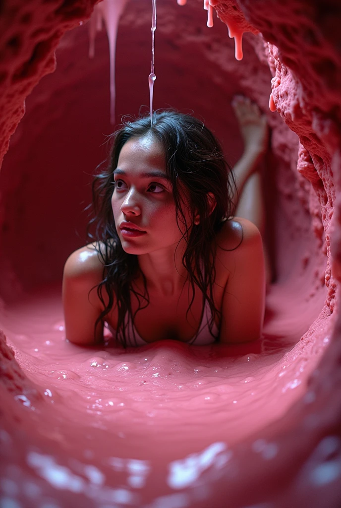 woman in a bathtub with red viscous liquid and she is completely covered in this red viscous liquid,  fundo Hiper-realista de banheiro sujo