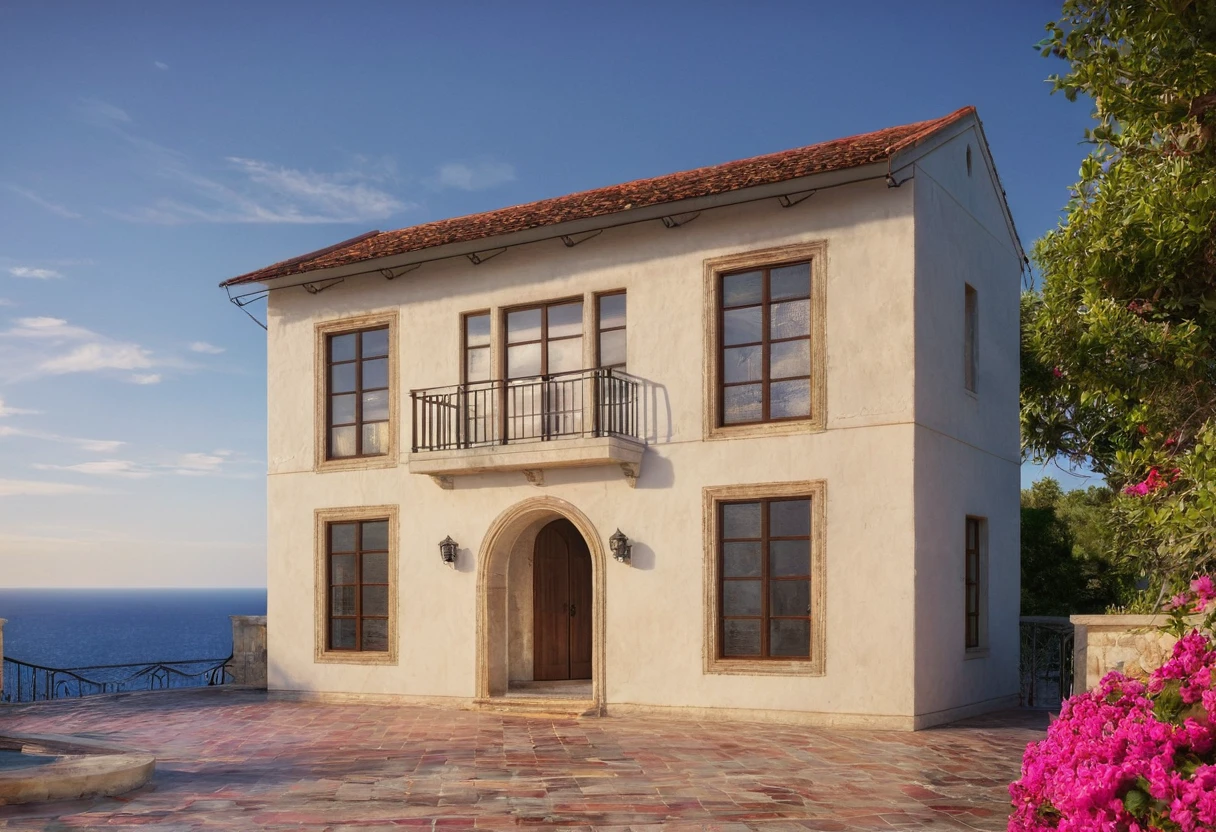 (Mediterranean-style house:1.2), white stucco walls, terracotta tiled roof, arched windows, wooden shutters, large outdoor terrace, wrought-iron railings, stone pathways, vibrant bougainvillea flowers (bougainvillea:1.2), olive trees, surrounding lush greenery, (bright sunlight:1.2), clear blue sky, ocean view in the distance, rustic stone walls, outdoor seating area, (soft shadows:1.2), (ultra-realistic:1.2), (cinematic lighting:1.2), 4K resolution, high quality, vivid colors.