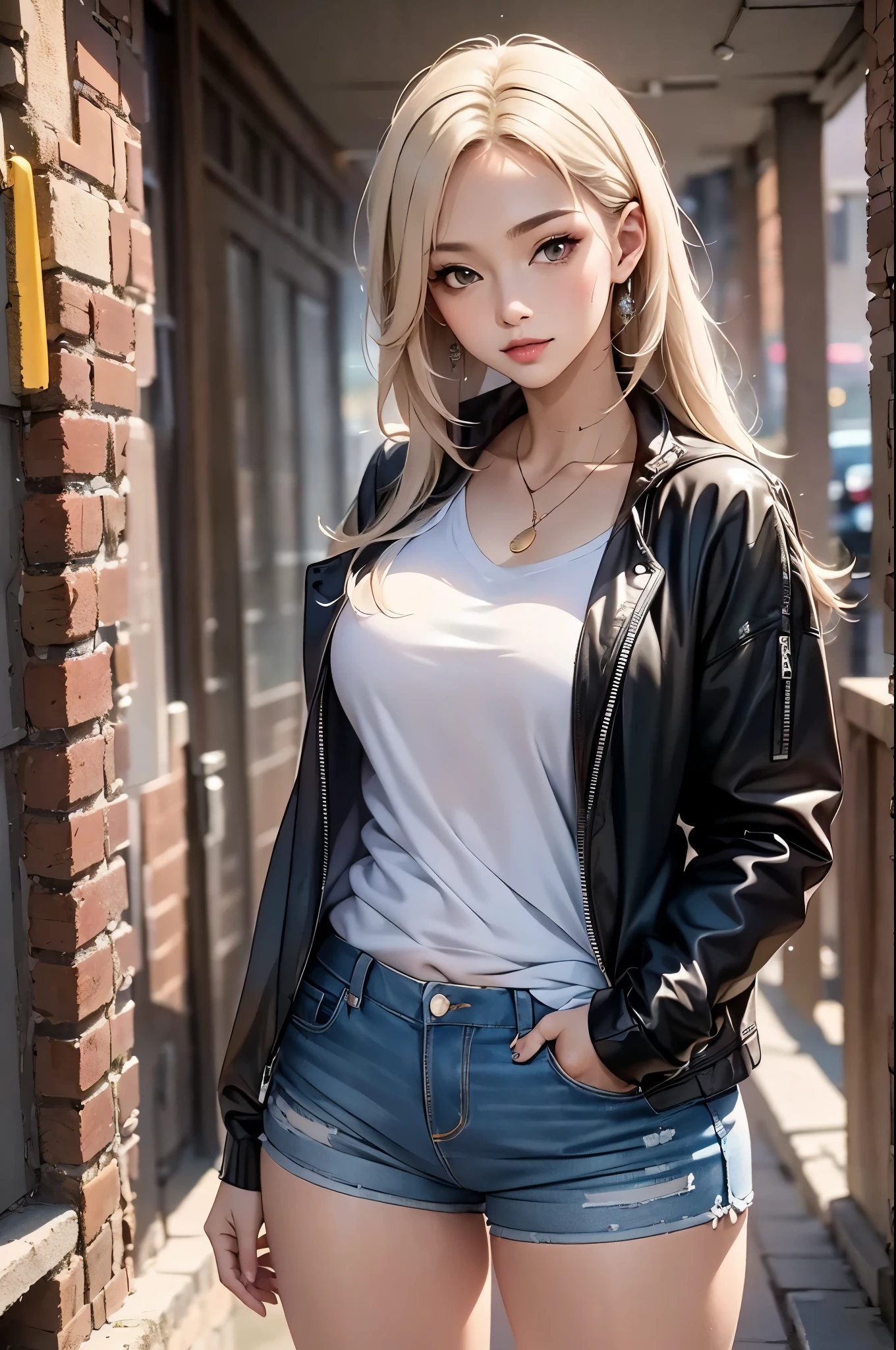 ((masterpiece:1.5、8k、Portraiture、Photorealistic and very detailed CG、Very detailed、Particle Effects、Dynamic Effects、Written boundary depth、Cinematic Light、Lens flare、Ray Tracing、Tabletop、Realistic:1.4、Ultra-high resolution:1.2、Realistic、Realistic)). 1girl, white hair, medium breasts, detailed face, sweet girl, casual fashion. tank top shirt, jacket, short pants