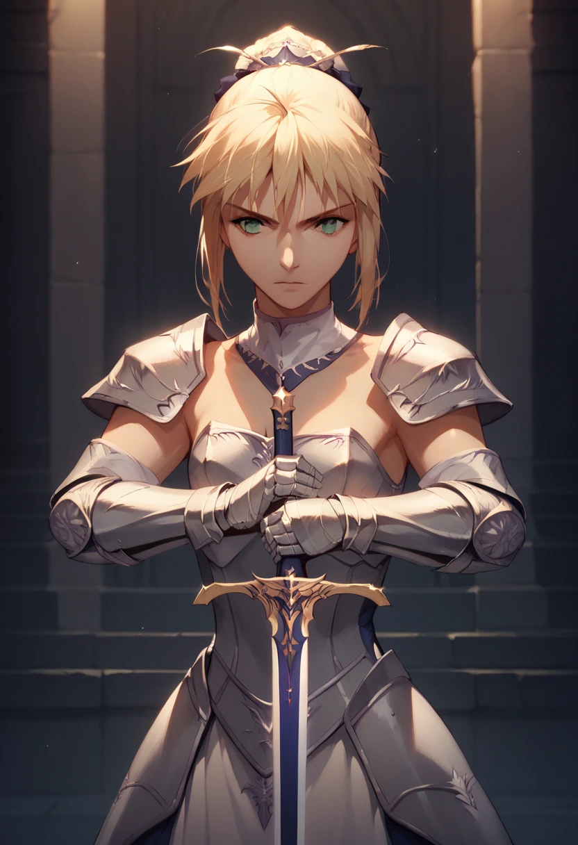  best quality,   Masterpiece ,Hussaber, phAltoria,  1 girl, Alone, armor, arms, sword, Shine sword, Shine arms,  French Blade , armored dress, Shine,  gauntlet , holding, breastplate, Hair Bun,  upper body