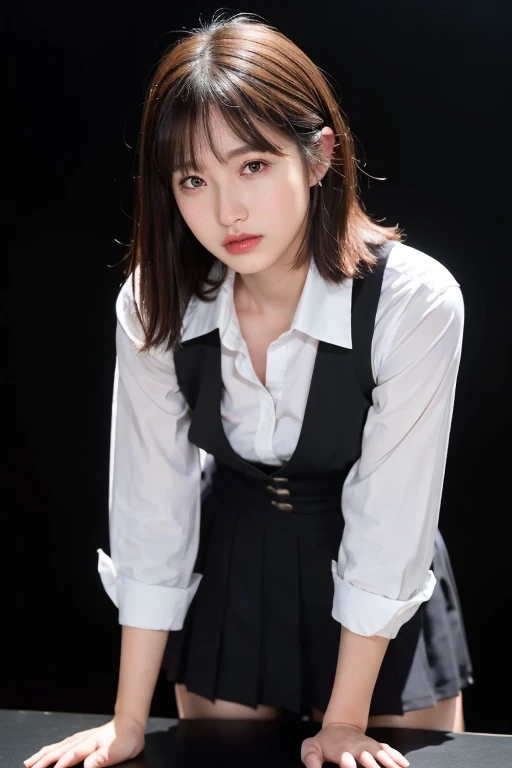 (highest quality,masterpiece:1.3,Ultra-high resolution),(Super detailed,Caustics,8k), (Photorealistic:1.4, RAW shooting),darkness,On stage,Japanese,20-year-old,smile,Natural Makeup,Black Hair Middle Hair,Black Shirt,Big Breasts,Spotlight,Waist up shot