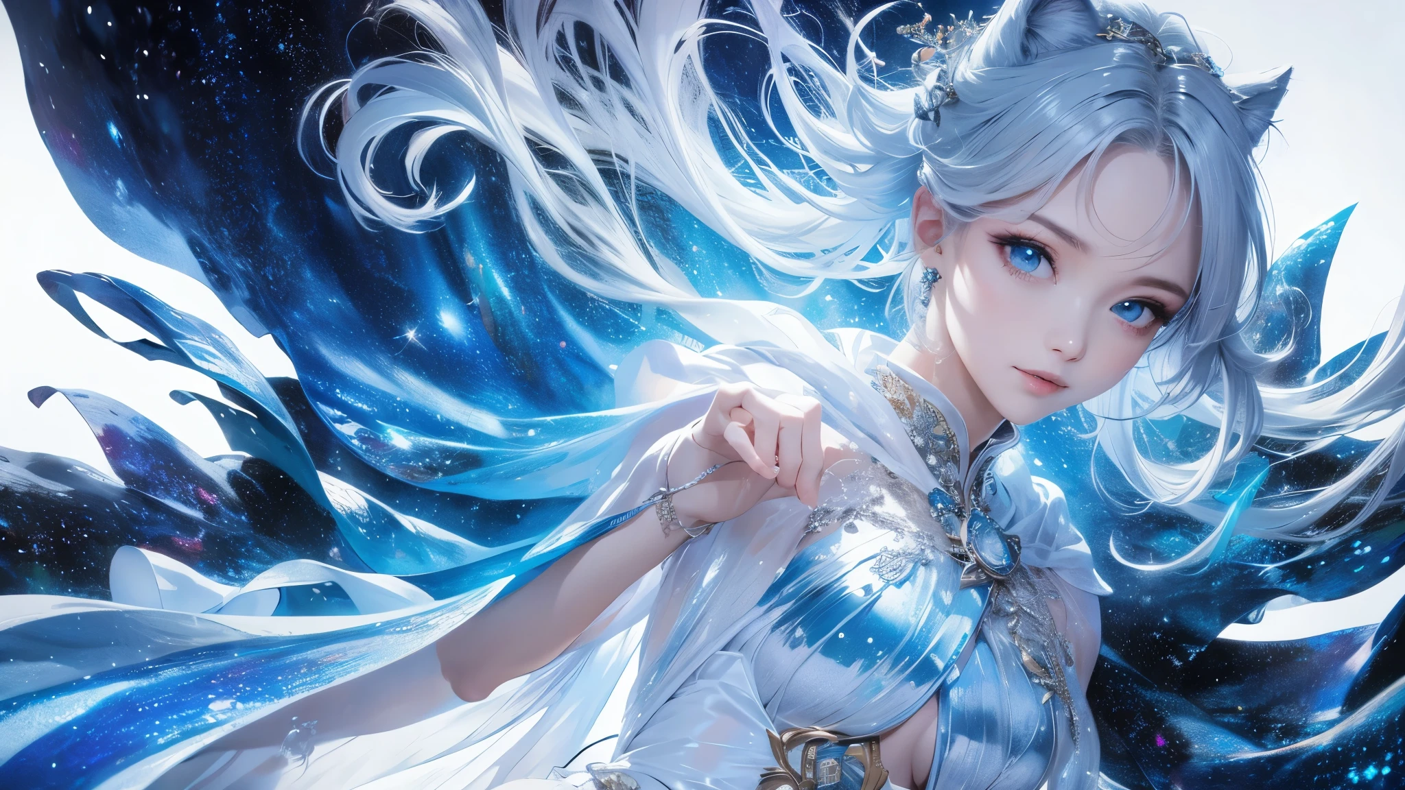 ((masterpiece)), (((best quality))), ((ultra-detailed)), ((illustration)),[realism light effect],shadow,(Fantasy style),(white background:1.6), simple background, (earth theme),(a cloak)[(hair focus,((1girl)),[(big slime hair): (cloud hair):0.3], (hair on background),(high saturation),(hair surrounded by galaxy splashes),)):((her hair is becoming galaxy clouds,:1.27628), (hair and clothes is galaxy clouds and cluster of stars:1.1025),(a cloak is becoming galaxy clouds)