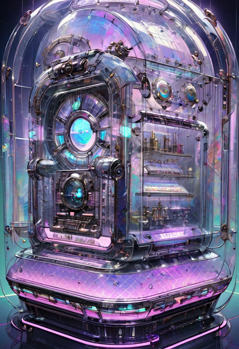 A jukebox arranged in a futuristic style while still retaining a retro feel, with a beautiful transparent body, bold decorations, precision mechanical parts in full view, and an ultra-detailed, beautiful background, masterpiece, best quality, very aesthetic, absurdres, very aesthetic