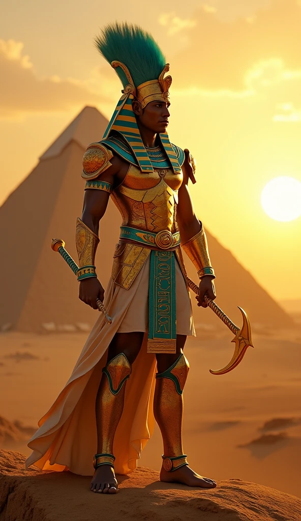 A large Egyptian, with a spear in his hand, in Egypt, wearing Egyptian costumes high realistic image,high resolution,masterpiece,8k --auto --s2
