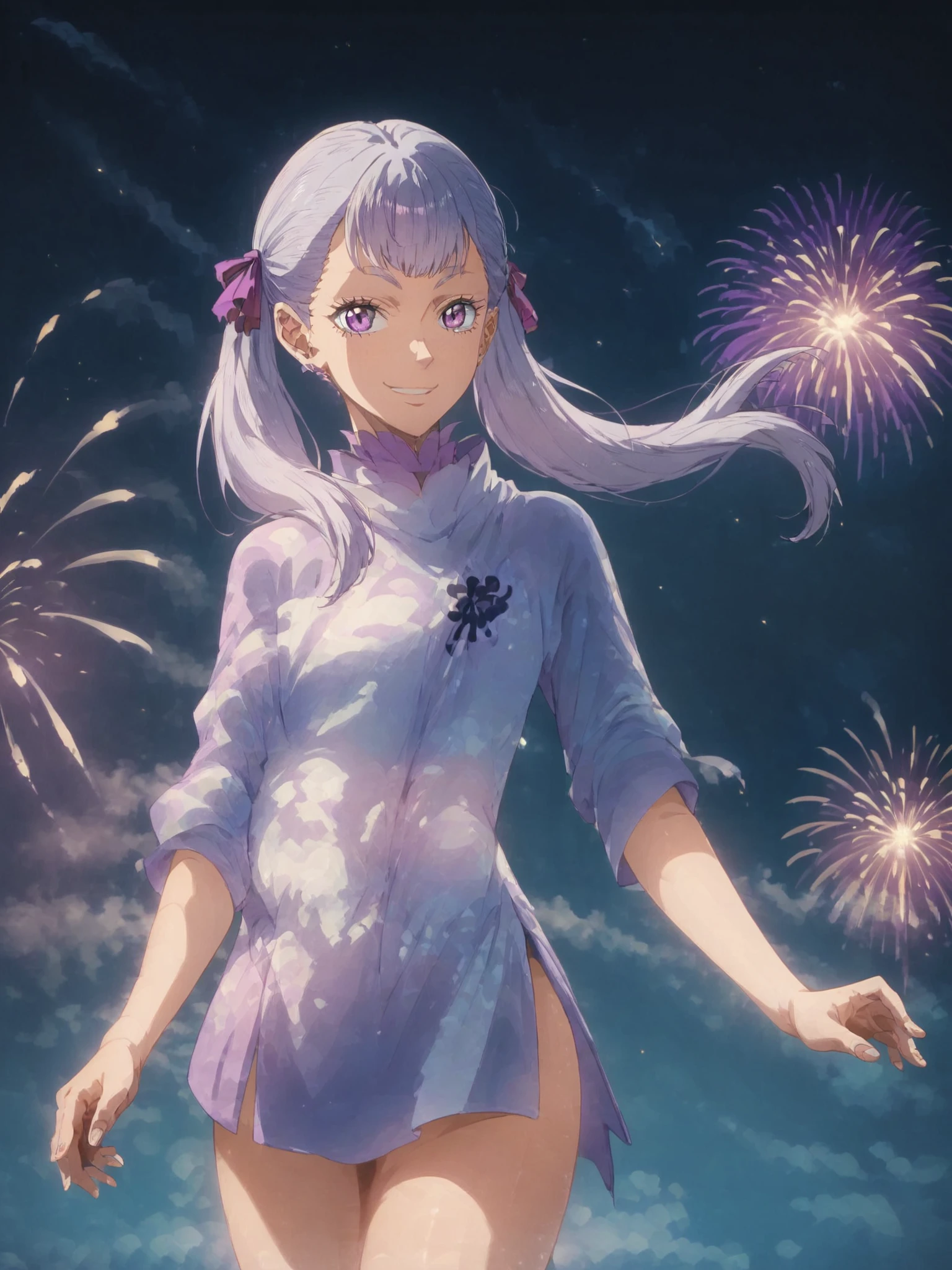 score_9, score_8_up, score_7_up, (black clover style, noelle silva), (1girl, solo), upper body, (twin tails, hair ribbon), purple kimono, (happy smile, looking at viewer), (night sky, fireworks)