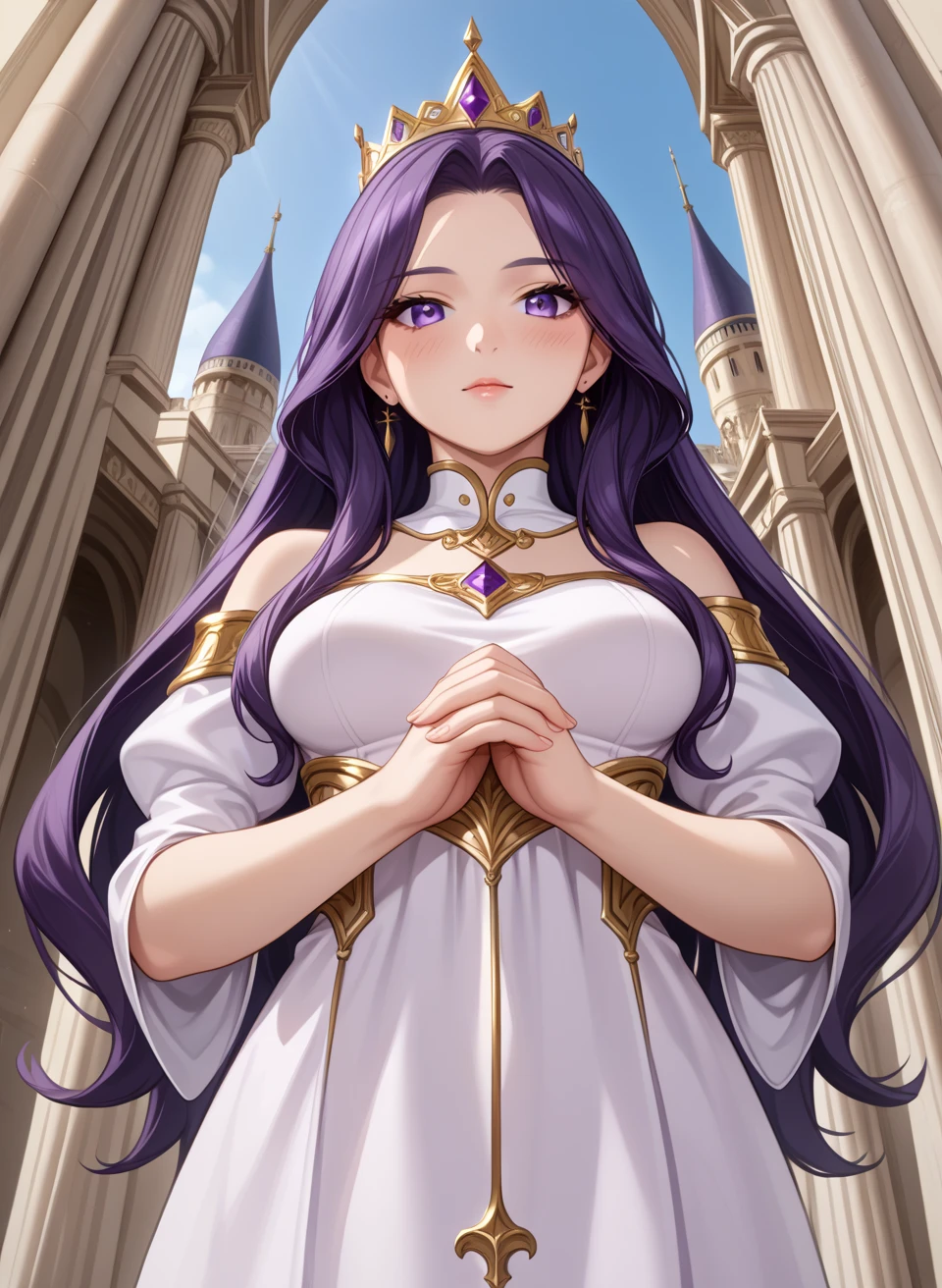 {{upper_body, from_below}} 1girl, long_hair, purple_hair, purple_eyes, medium_breasts, princess, light_blush own_hands_clasped, standing, outdoor, palace, entrance, looking_at_viewer.