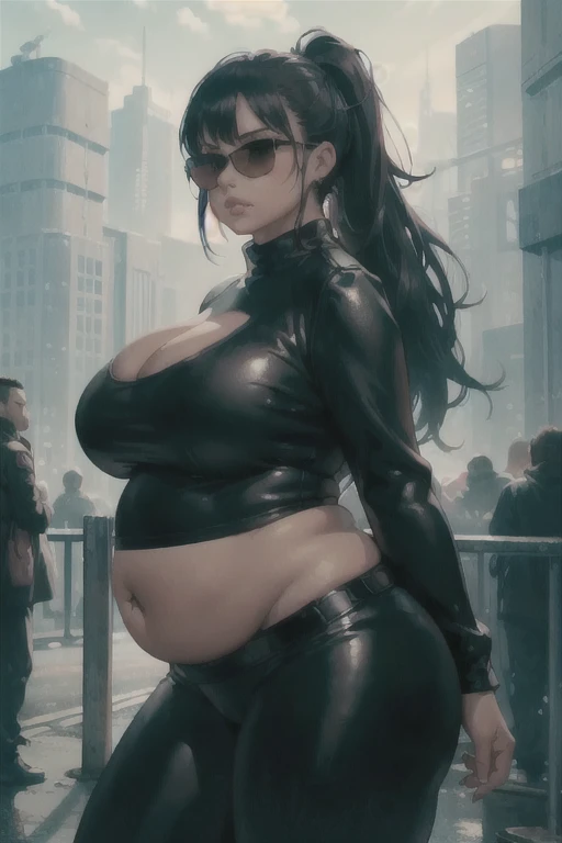 (Best quality), (high resolution), (detailed),1woman, curvy lady, thicc, black leggings, black shirt, long sleeve, perky breasts, ponytail, black hair, chubby, beautiful pose, heavy, bloated, leopard fur jacket, futuristic style, sunglasses, ((sassy)), ((thick lips)), ((future))