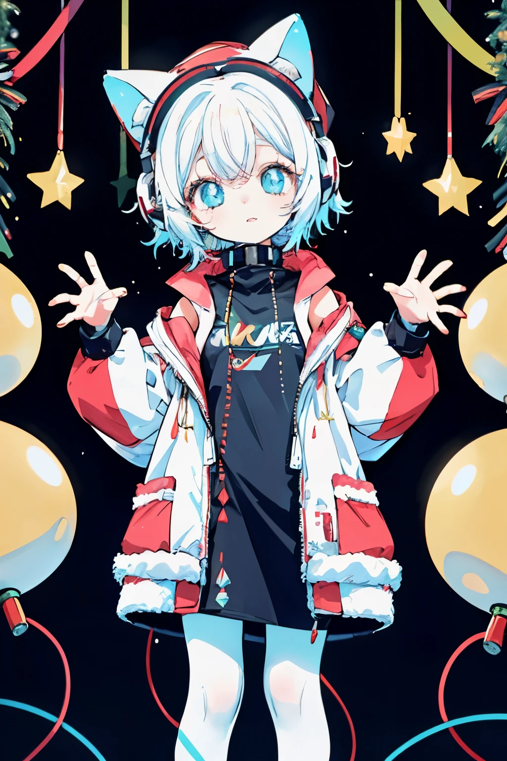 "DJ TWIWAVE standing under a glowing festive Christmas arch with cascading strings of lights resembling a holiday shower, as she looks directly into the camera with a confident and playful expression. Her short white hair shimmers under the colorful light, and she wears a futuristic anime-inspired Christmas outfit: a red and white jacket with fur trim, glowing blue accents, and sleek black robotic leggings. She holds her hands up in front of her, forming a heart shape, her signature black beanie with cat ears and holiday-themed black headphones completing her look. The atmosphere is vibrant yet slightly darkened, with the holiday lights providing a glowing contrast that adds a festive and futuristic aesthetic