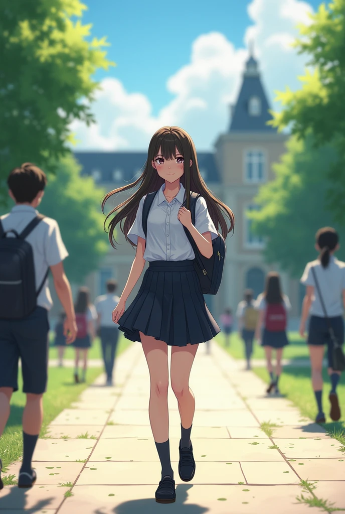 Draw a high school girl wearing a short skirt on her way to school and suddenly she realizes she forgot to wear panties and someone finds out she's not wearing panties, She was very shy but still went to school.