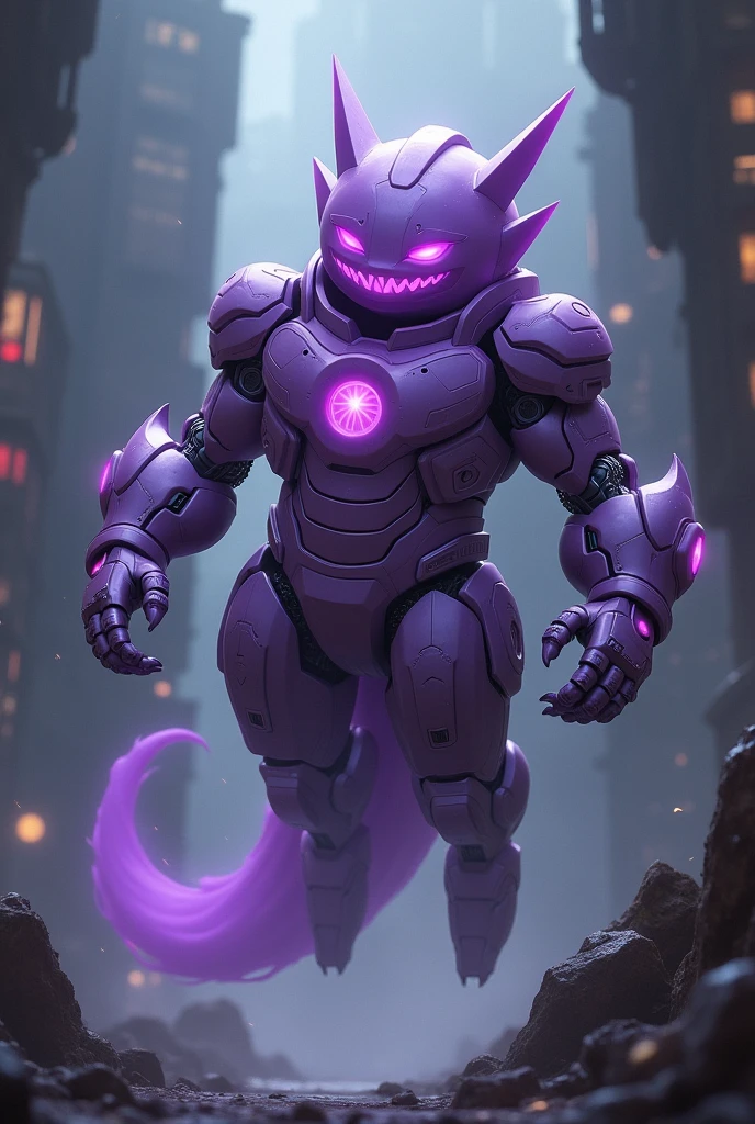 upload on e621, by allandox, anthro, male, ((detailed realistic painting)), extreme detail, ((mewtwo, pokemon)), ((stoic expression:1.3)), full moon background, full body perspective, ((confident pose:1.2, side perspective:1.2)), ((red and silver steel armor:1.3))