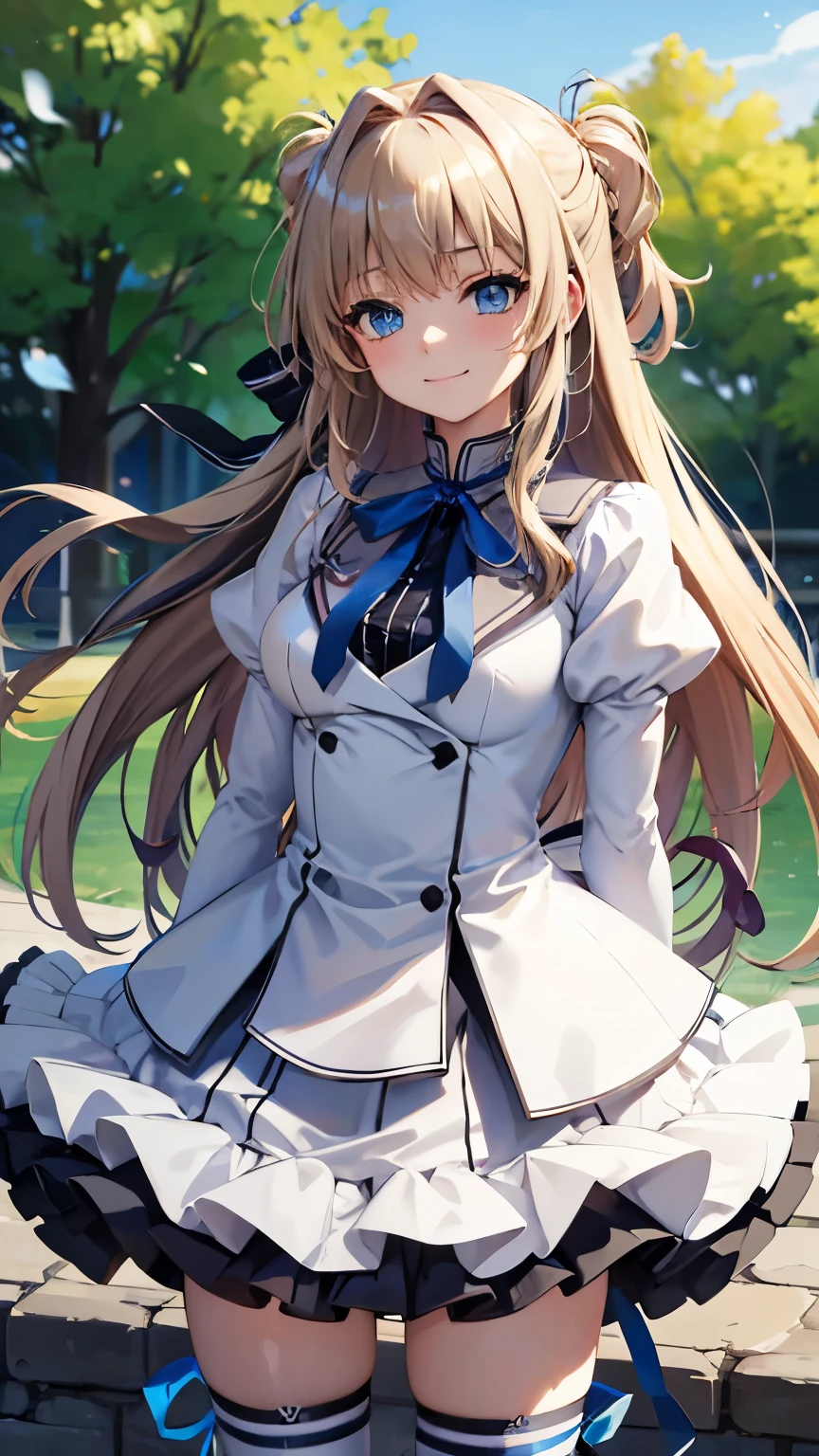   Masterpiece ,  best quality,  high definition ,  1 girl, Alone,  long hair,  blonde hair,  two sides , (  hair bow :1.1),  blue eyes,   neck with ribbon, ,  white jacket, juliet sleeves,  Long Sleeve , White Skirt, thigh ribbon,  black high socks, Outdoor,  cowboy shooting,  standing,Character portrait,  smiles, Droopy eyes,  shy, 