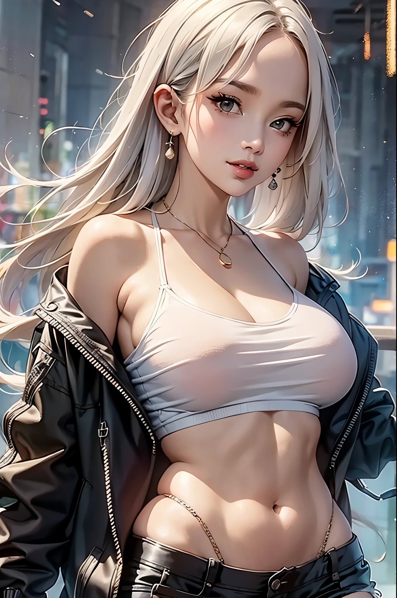 ((masterpiece:1.5、8k、Portraiture、Photorealistic and very detailed CG、Very detailed、Particle Effects、Dynamic Effects、Written boundary depth、Cinematic Light、Lens flare、Ray Tracing、Tabletop、Realistic:1.4、Ultra-high resolution:1.2、Realistic、Realistic)). 1girl, white hair, medium breasts, detailed face, sweet girl, casual fashion. tank top shirt, jacket, short pants
, underboob, navel