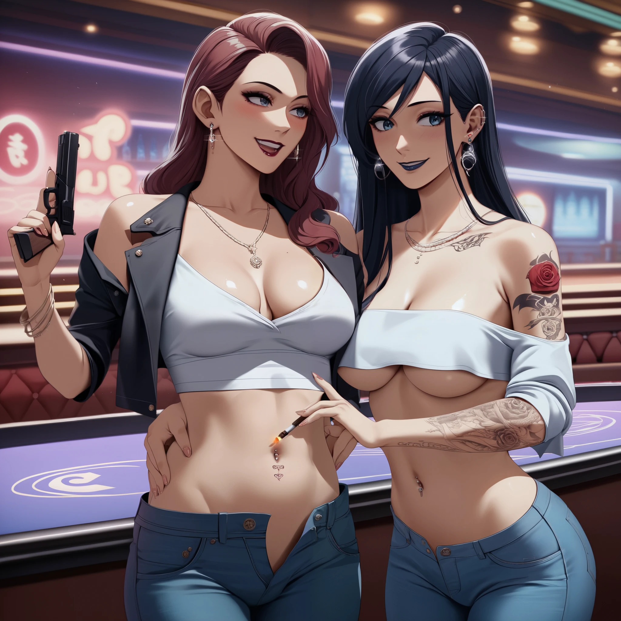 2girls, two girls, long hair, , anime girl, ear piercing, long hair, blush, lipstick,Hot girl, baddie, smoking, sensual, attractive ,jewelry, earrings,  ecchi anime style, anime girls ,
ecchi style, digital anime art!!,  anime style 4k, jewelry, earrings, complex detailed background, casino environment, fancy interior environment, rich
interior, bar background, inside bar,indoors, masterpiece,high quality,4k, bare
shoulder,belly,crop top,holding pistol,cleavage, unbuttoned shirt,shirt, knot, indoor,smile, open
mouth, (nsfw) not safe for work, evil expression, exposed belly, exposed navel, exposed midriff,
exposed lower belly, crop top overhang, underboob,jacket, unbuttoned jeans , low rise black jeans,
Low rise jeans, Low rise jeans with open fly,, tattoo, tattoo midriff, rose tattoo, navel piercing, shiny skin, 