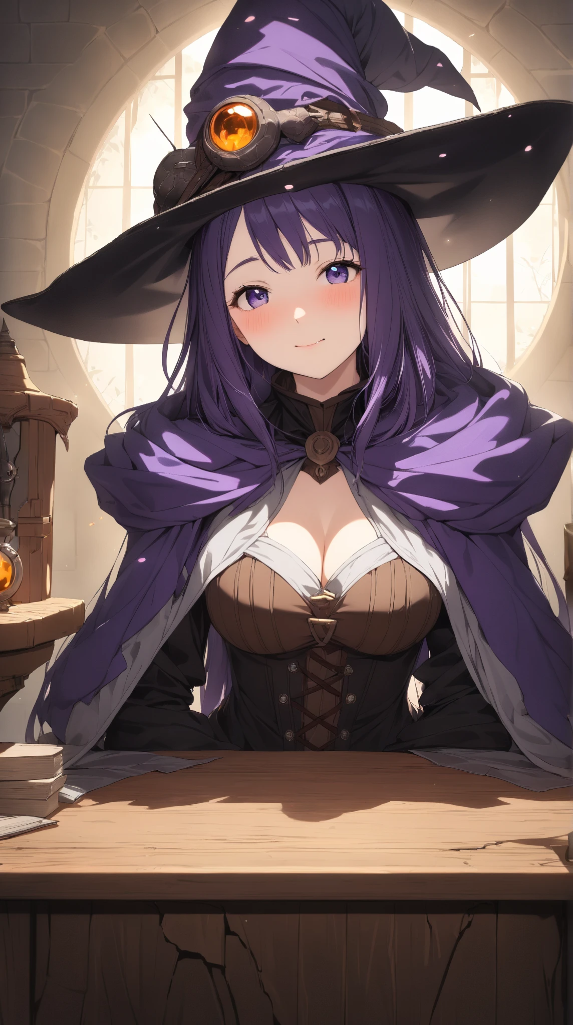 (1girl in:1.2), (Solo:1.2) , nffsw, Shaders, Brilliant Textured Work, Ultra-detailed eyes, ultra-intricate pupil in eyes, top-quality, witch's hat, Brown belt on hat, pink hair, long hair, huge breasts, breasts one's chest on the table, collapse, from above, looking at viewer, Witch's costume, white Witch's blouse, neck ribbon, smirk, smug face,