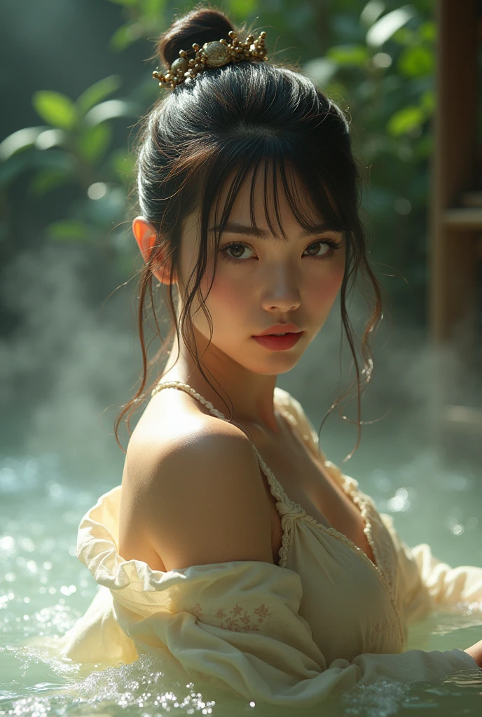 Top Quality, Masterpiece, High Resolution, 8k, (((cute barely legal girl standing in oversized satin Spa Wrap Top, random color, wide neckline, deep neckline, small perky breasts, beautiful detailed eyes, beautiful detailed lips, small closed mouth, extremely detailed face, long pixie asymmetrical hair style, small hips))), ((japanese onsen, wet and steamy atmosphere, intricate details, at night, backlit, full body shot, view from distance))