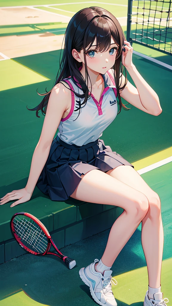 Girl black hair green eyes beautiful high quality in tennis uniform short skirt small breasts on sports field full body show panties