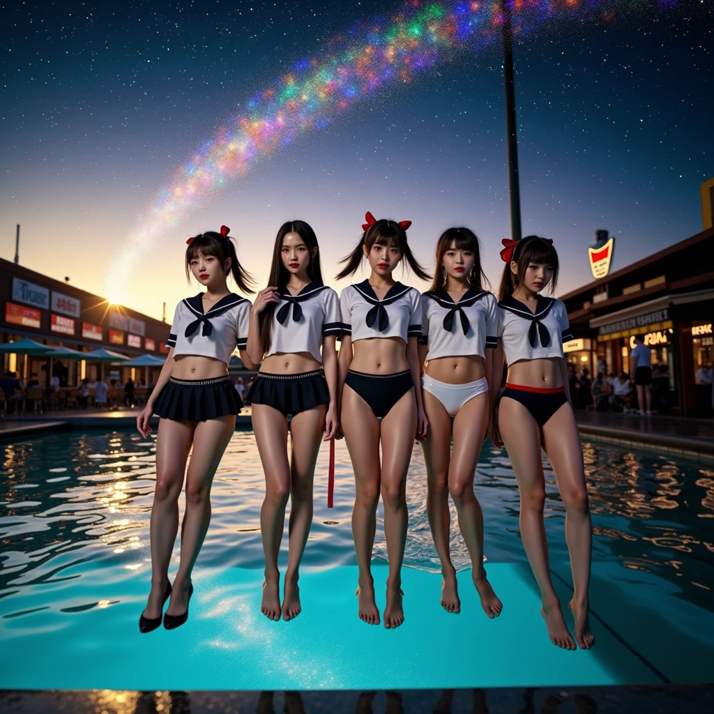 ManoErina, awaitingtongue, ((ExtremelyDetailed (12 PICHIPICHI KAWAII Girls Floating in The Air in a row:1.37) in WHITE at Dusk Enoshima Beach)), (masterpiece 8K TopQuality) (ProfessionalPhoto:1.37), {(Standing Full Body:1.2)|(from below:1.2)}, Different types of hair colors, {(skinny(SchoolSwimwear))|(SchoolUniform)with Tiny AthleticShorts}, {Detailed Childish hand|Hidden hand|Armpit|Different types of breasts of various sizes from HUGE to FLAT|(Clearly Visible the shape of Butt)}, Joyful Expressions LifeLike Rendering, PerfectLighting, (Dazzling Horizon Visible through ThighGap), (Starry IridescentParticles:1.22) ColorfulClouds