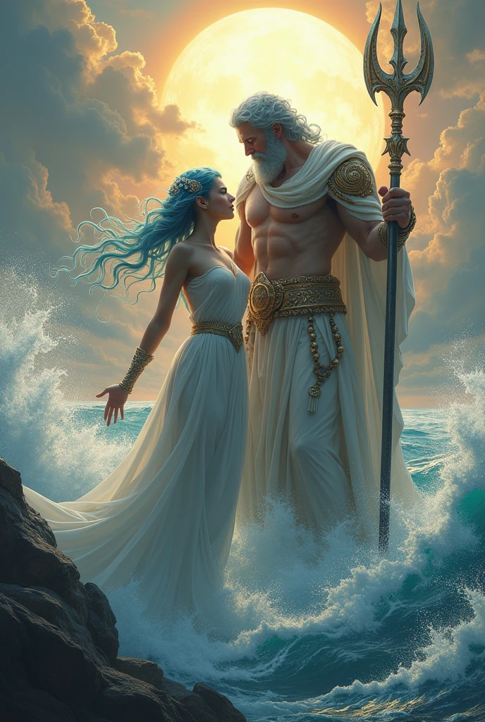 Athena and Poseidon standing on a cliff, overlooking a vast ocean. Athena, with her piercing blue eyes and flowing silver hair, exudes wisdom and grace. Poseidon, with his bold red hair and powerful presence, embodies the might of the sea. The scene is beautifully lit, with the sun casting a gentle glow on the waves.