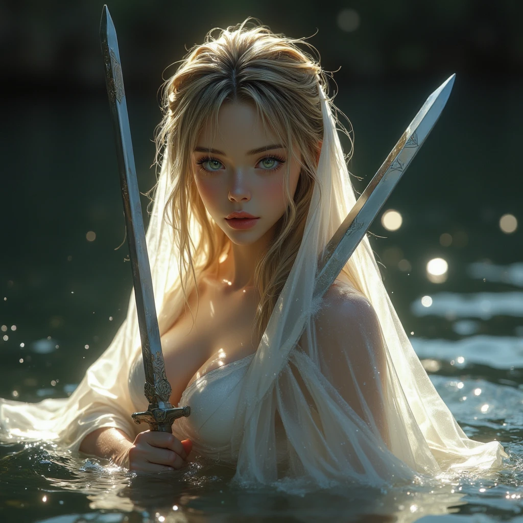 Excalibur, the iconic sword high detailed, come out from a lake holded by a (lube) blonde woman (all wet hair) in a sexy long white trasparent cloak (wet seethrough) over a white chemise seethrough. She comes out wet from the lake ( half in water) in a fullmoon light, fantasy art, inspired by Louis Royo, female fate, beautiful princess of the lake, anatomically correct, realistic photograph, real colors, award winning photo, detailed face, realistic eyes, beautiful, sharp focus, high resolution, volumetric lighting, incredibly detailed, masterpiece, breathtaking, exquisite, great attention to skin and eyes