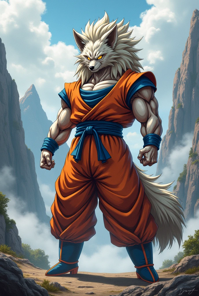 Oc long hair down to the waist, bristling with white color,Red eyes,shirtless,Silver fur on his arms on his back and around his abdomen and pectorals,Jin's dark blue pants,white monkey tail,black boots(anime style,dragon ball)