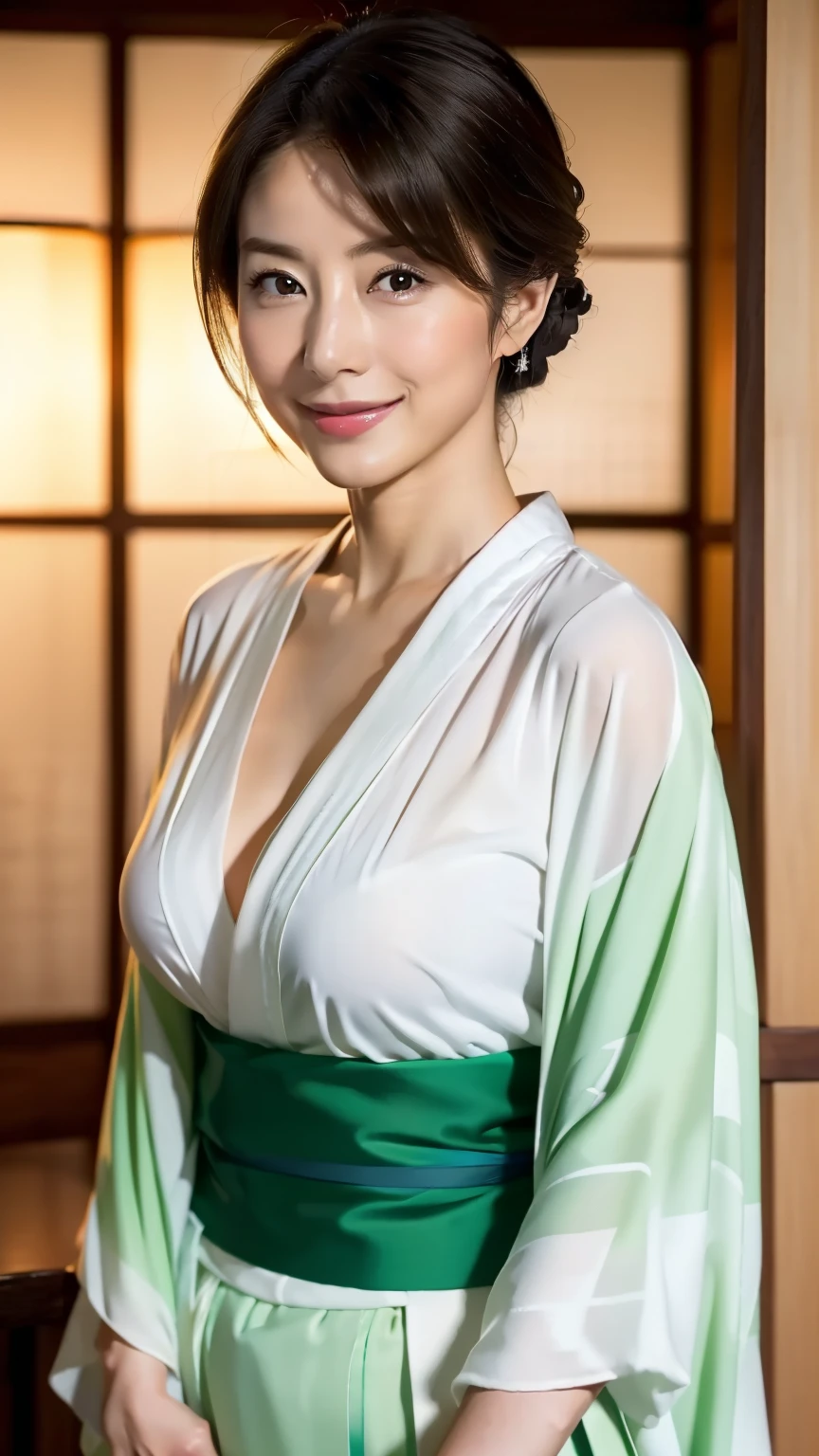 Femme de 25 ans, seductive look, sourire romantique, fine, brune, yeux verts, masterclass, 8K, UHD, HD, High quality, poitrine, dans un onsen, sexy, kimono, topless, wet hair