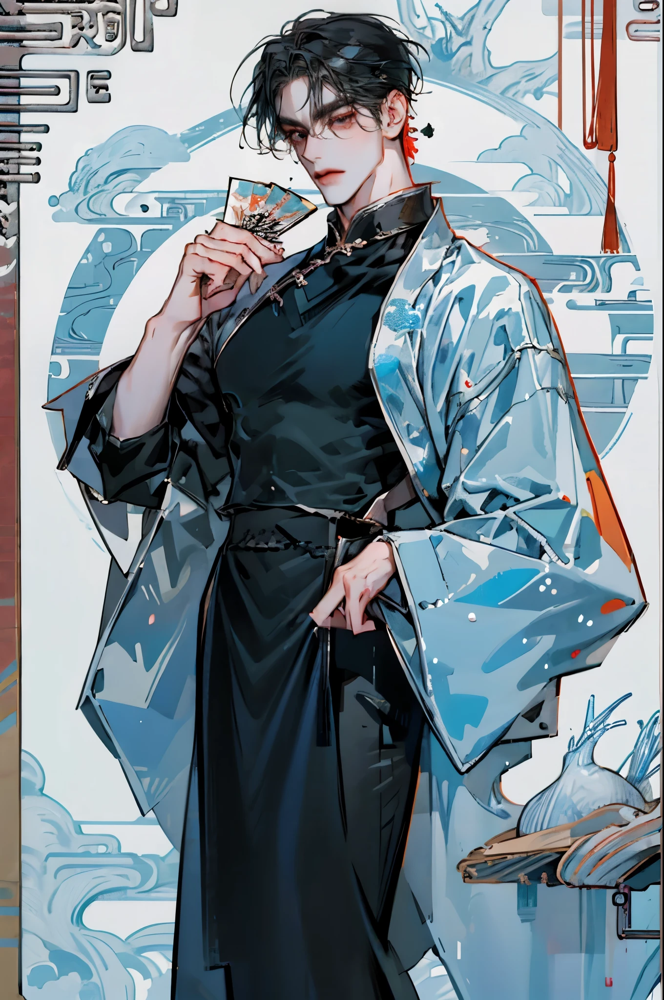 1boy, solo, fit body,(chinese dress:1.5), full body, (ultra higly defined face), (extremely detailed face:1.4), slim waist, shiny skin, (long dress), (tight dress), (ying and yang dress), (clothed), holding hand fan, manhwa-styled 