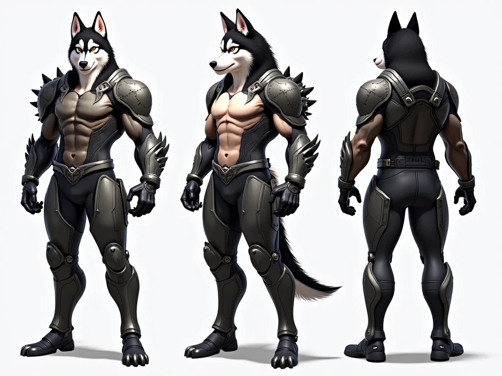 (character_design), concept art, model sheet, anthro, canid, mammal, canine, solo, armor, male, wolf, fur, claws, canis, hi res, standing, fingers, blue eyes, muscular anthro, muscular, were, clothing, muscular male, werecanid, 5 fingers, white body, digital media (artwork), simple background, white fur, black nose, grey body, More muscles growth, Hyper Mucsles, hyper muscles growth, Extreme Muscular, (triceps femoris bulging:1.5), Inflatable Muscular thighs, Stronger thigh Muscles, Stronger Calves muscles, (quadriceps bulging:1.5), (thighs biceps bulging:1.5), (Strengthens muscles contraction Buff:1.1), front view, biped, pauldron, grey fur.