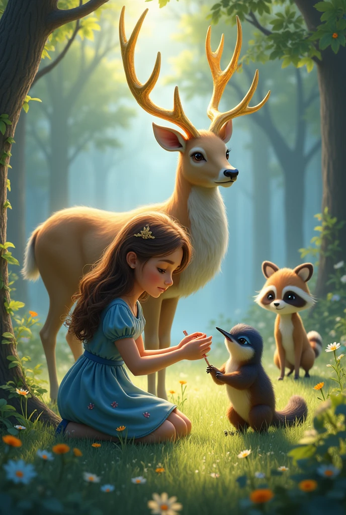 In the birch forest, there is a beautiful sika deer. Its antlers rose high, its body was covered with snow-white fluff, and its plump body shone with golden light in the sunlight. The little girl ran over excitedly when she saw the sika deer. She gently stretched out her hand and caressed the deer&#39;s fur, while the deer closed his eyes tolerantly, enjoying the caress of the little girl. The trees in the birch forest are tall and straight, with straight trunks and lush branches and leaves. The sunlight passed through the gaps in the leaves, casting dappled light on the sika deer and the little girl. In a quiet environment, the little girl and the deer lean on each other and accompany each other. The birds in the distance sang leisurely, as if singing for them. This is an extremely beautiful picture, which makes people intoxicated. The friendship between the sika deer and the little girl brought us warmth and emotion. The picture seems to span the edge of time, depicting a world of eternal harmony.